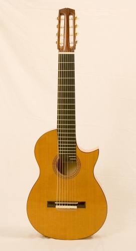 Achtsnarige cutaway gitaar, mensuurlengte 65 cm., Naaldhout & Cypress, Ebbenhout toets, fretten 21, brug Millettia laurentii.JPG