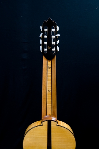 Le manche de la guitare à huit cordes, avec 1 tige métallique accessible dans la rosace pour ajuster son réglage.jpg
